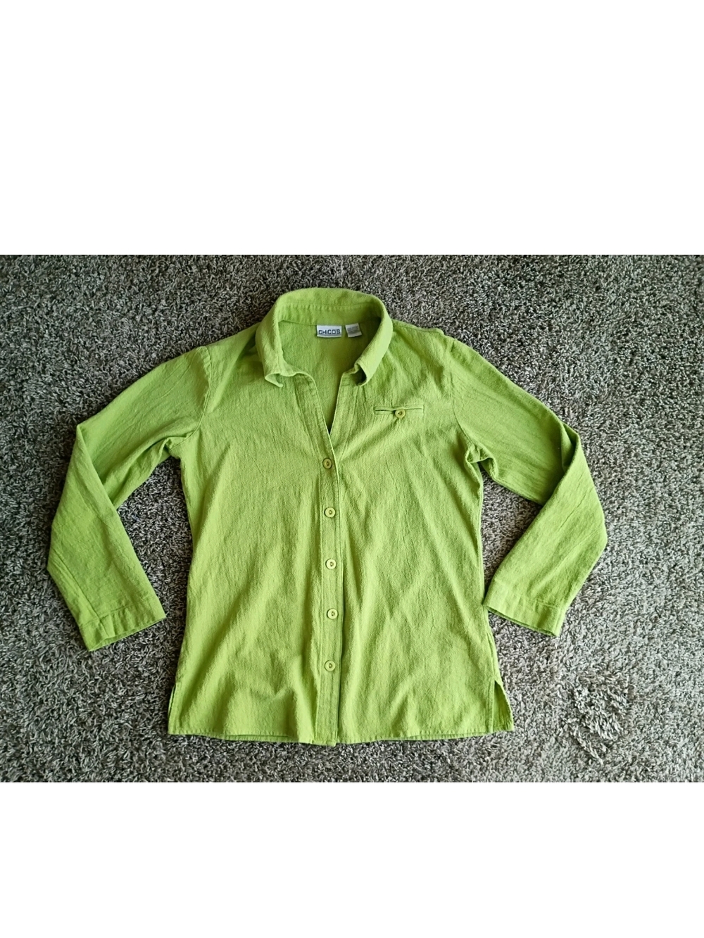 Chicos Blouse Size 0 Cotton Green Collared Long Sleeve Top